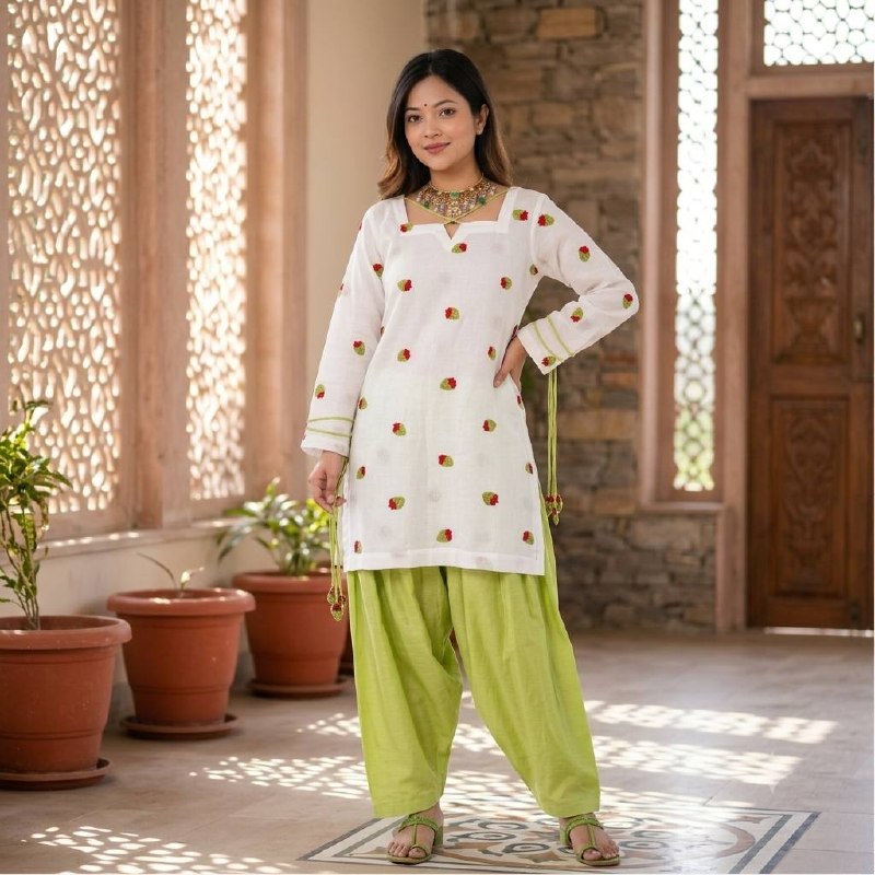 Ethereal Ivory White Short Kurti Adorned with Delicate Floral Embroidery and Tassel Detailing, Paired with a Vibrant Mehendi Green Salwar